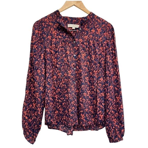 LOFT Blouse Long Sleeve Floral Print Size Medium Blue/Coral Button Down Casual - Picture 1 of 6